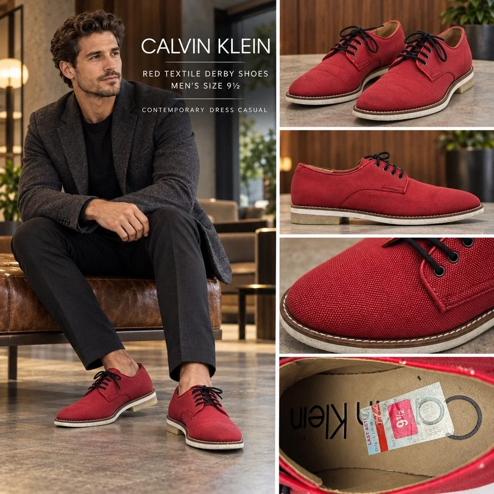 Calvin Klein Mens Red Canvas Derby Lace Up Oxford Shoes 71CLRSZ95 Size 9.5